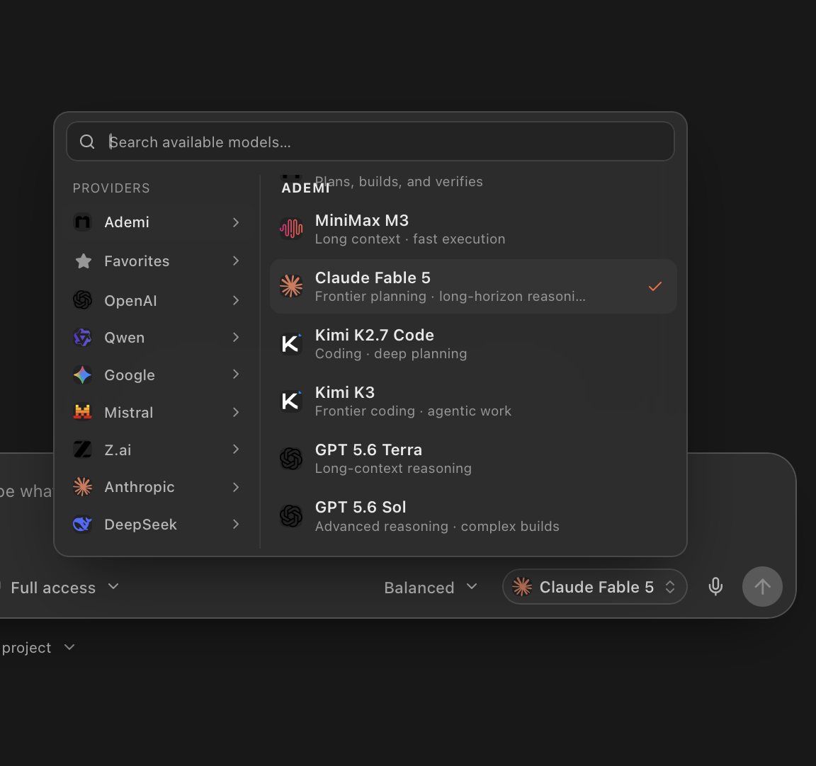 The Ademi model selector, showing the frontier models available on every plan.