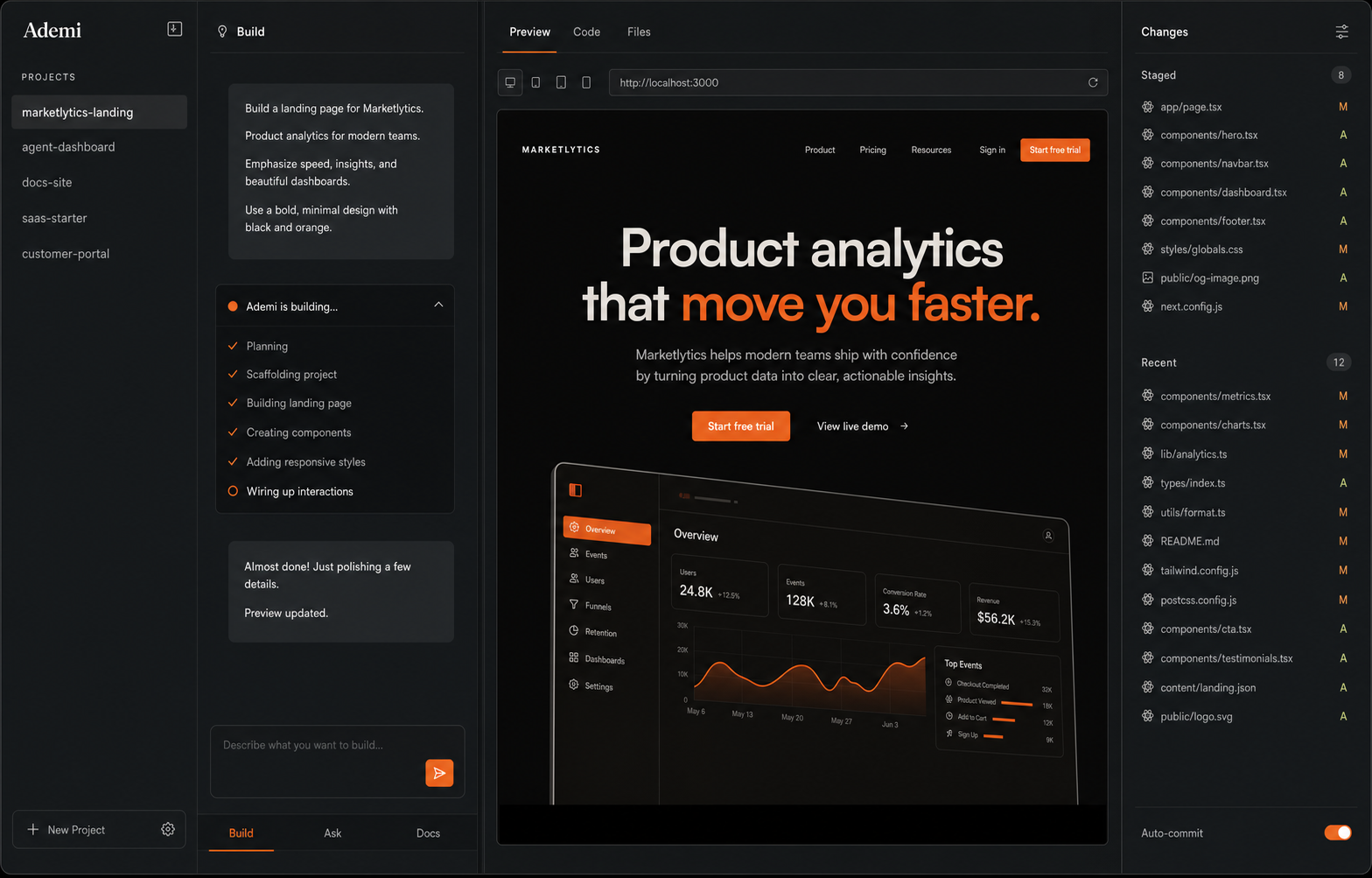 The Ademi workspace: a chat panel describing the app on the left, the live product preview on the right.